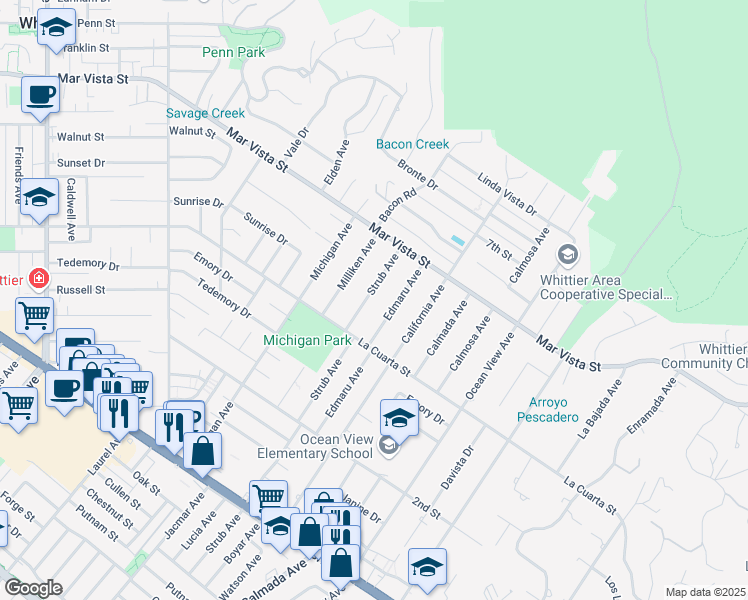 map of restaurants, bars, coffee shops, grocery stores, and more near 8210 Strub Avenue in Whittier
