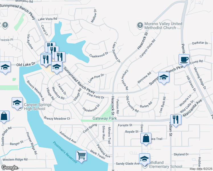 map of restaurants, bars, coffee shops, grocery stores, and more near 10640 Pepper Ridge Lane in Moreno Valley