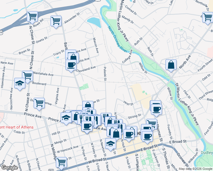 map of restaurants, bars, coffee shops, grocery stores, and more near 716 Pulaski Street in Athens