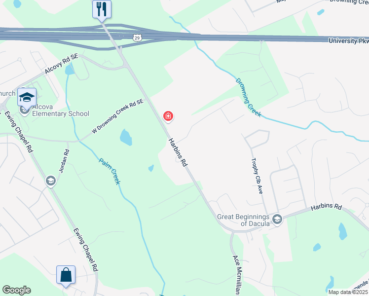 map of restaurants, bars, coffee shops, grocery stores, and more near 1042 Harbins Road in Dacula