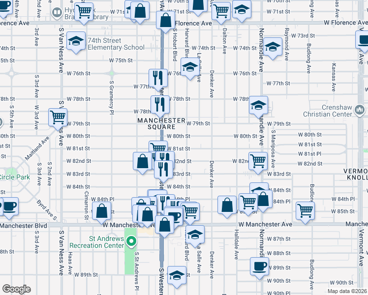 map of restaurants, bars, coffee shops, grocery stores, and more near 1652 West 80th Street in Los Angeles