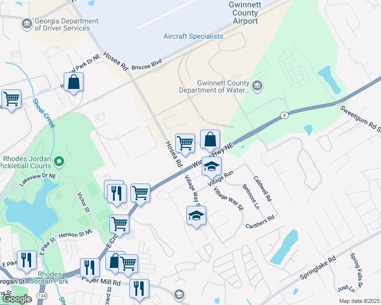 map of restaurants, bars, coffee shops, grocery stores, and more near 132 Timber Mist Lane in Lawrenceville