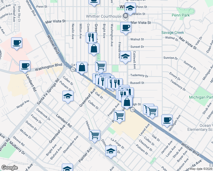 map of restaurants, bars, coffee shops, grocery stores, and more near 8146 Bright Avenue in Whittier