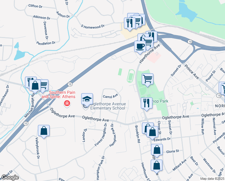 map of restaurants, bars, coffee shops, grocery stores, and more near 325 Knottingham Drive in Athens
