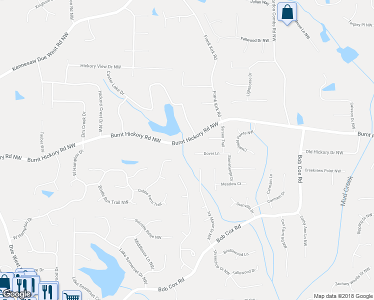 map of restaurants, bars, coffee shops, grocery stores, and more near 3141 Burnt Hickory Road Northwest in Marietta