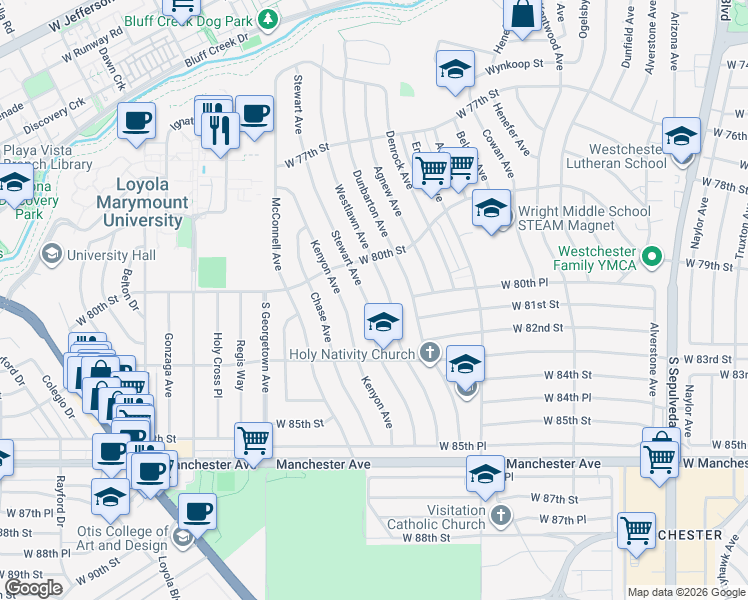 map of restaurants, bars, coffee shops, grocery stores, and more near 8048 Stewart Avenue in Los Angeles