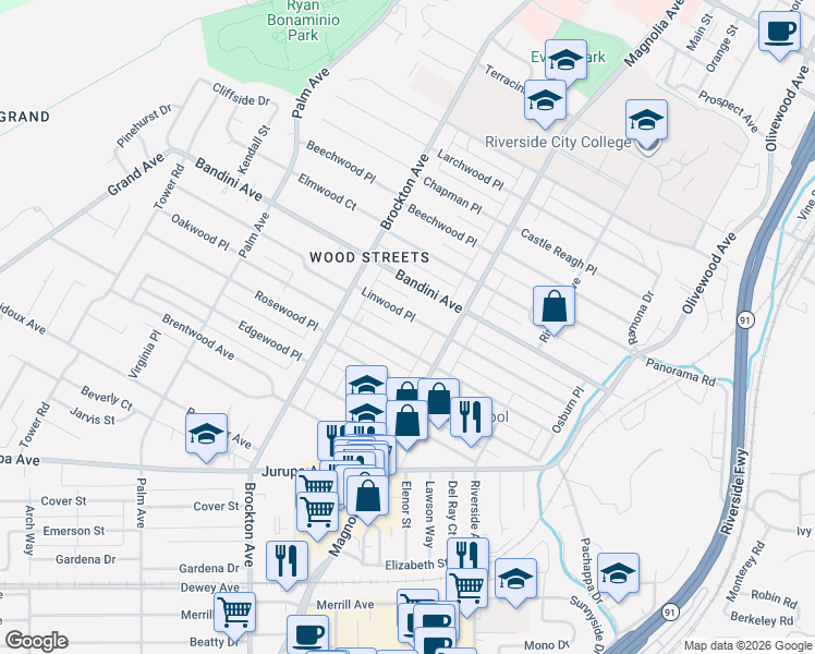 map of restaurants, bars, coffee shops, grocery stores, and more near 3893 Linwood Place in Riverside