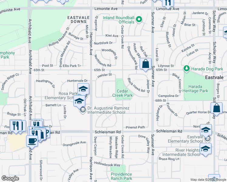map of restaurants, bars, coffee shops, grocery stores, and more near 6709 Elysian Court in Corona