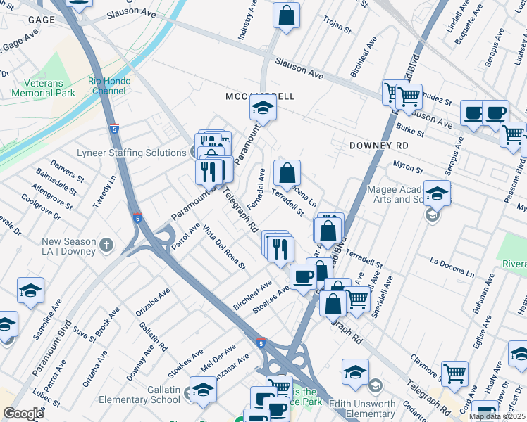 map of restaurants, bars, coffee shops, grocery stores, and more near 8413 Birchbark Avenue in Pico Rivera