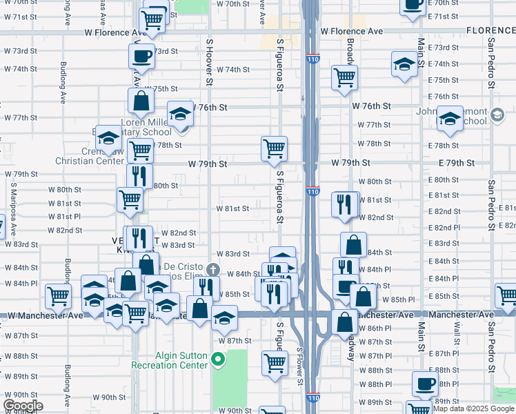 map of restaurants, bars, coffee shops, grocery stores, and more near 531 West 81st Street in Los Angeles