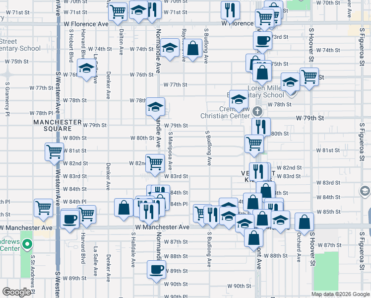 map of restaurants, bars, coffee shops, grocery stores, and more near 1247 West 81st Street in Los Angeles