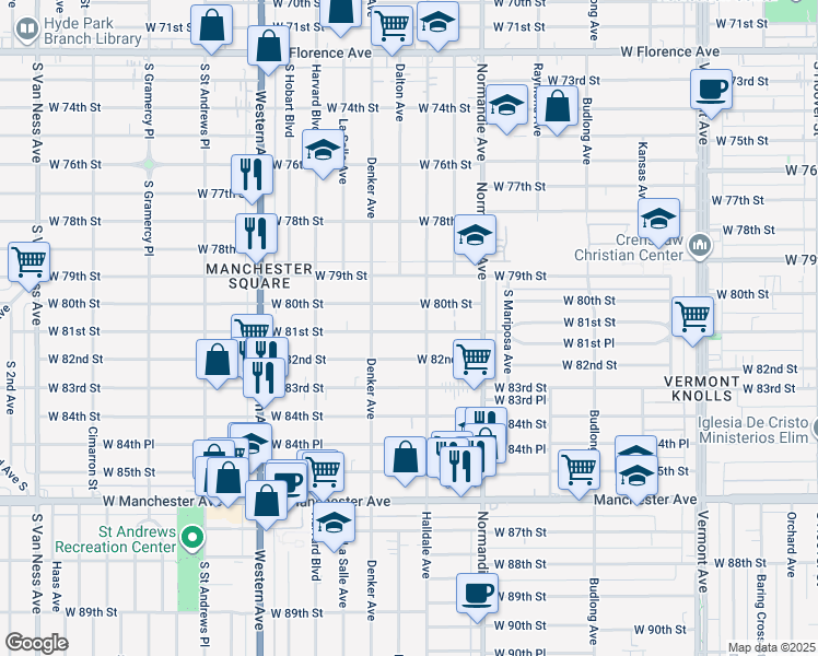 map of restaurants, bars, coffee shops, grocery stores, and more near 1528 West 80th Street in Los Angeles