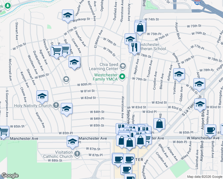 map of restaurants, bars, coffee shops, grocery stores, and more near 6350 West 80th Place in Los Angeles