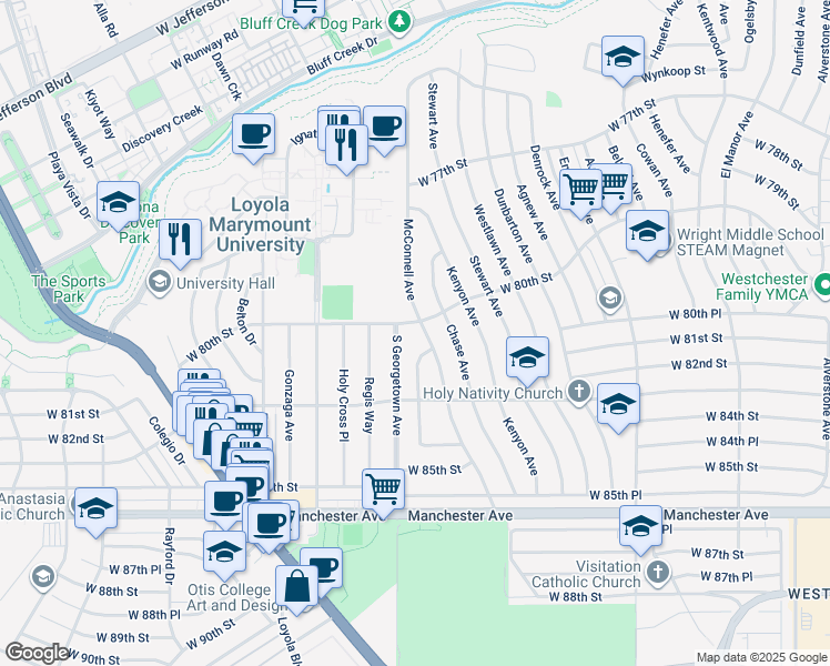 map of restaurants, bars, coffee shops, grocery stores, and more near 7963 McConnell Avenue in Los Angeles