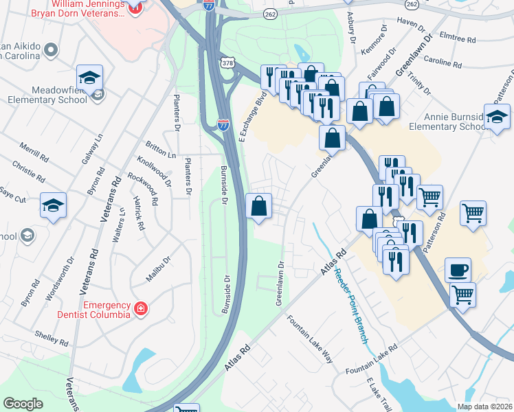 map of restaurants, bars, coffee shops, grocery stores, and more near 201 Hampton Forest Drive in Columbia