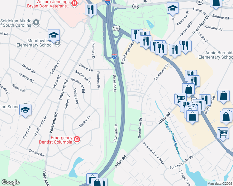 map of restaurants, bars, coffee shops, grocery stores, and more near 500 Burnside Drive in Columbia