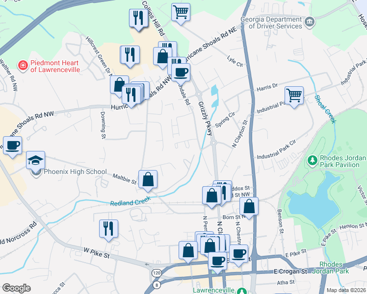 map of restaurants, bars, coffee shops, grocery stores, and more near 131 Northdale Place in Lawrenceville