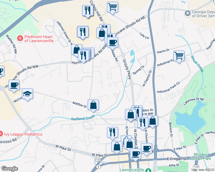 map of restaurants, bars, coffee shops, grocery stores, and more near 187 Northdale Place in Lawrenceville