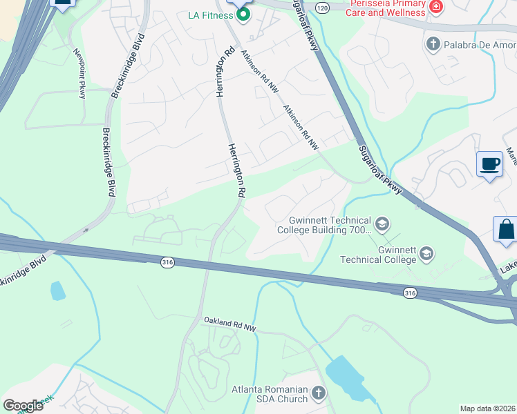map of restaurants, bars, coffee shops, grocery stores, and more near 2310 Laurel Pointe Lane in Lawrenceville