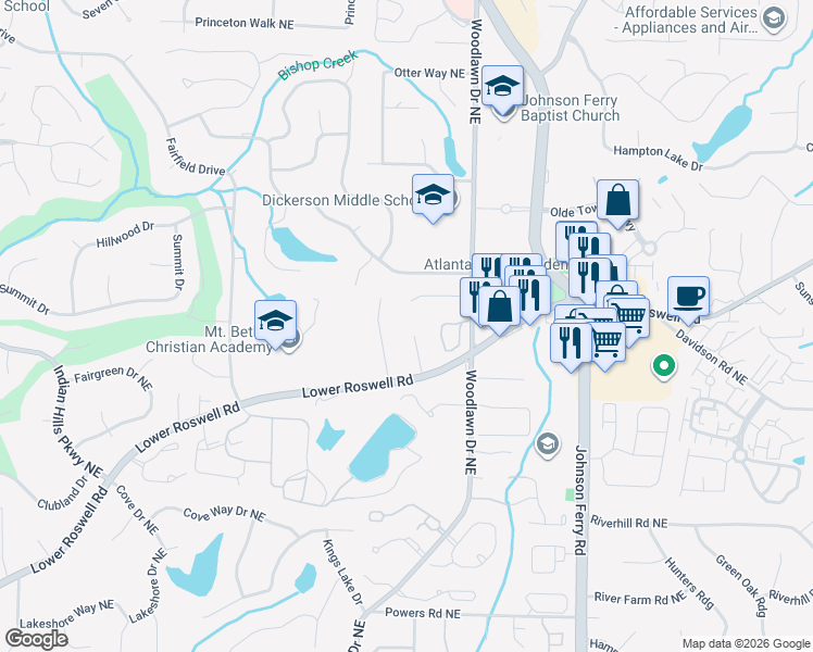 map of restaurants, bars, coffee shops, grocery stores, and more near 4510 Parkcrest Court Northeast in Marietta
