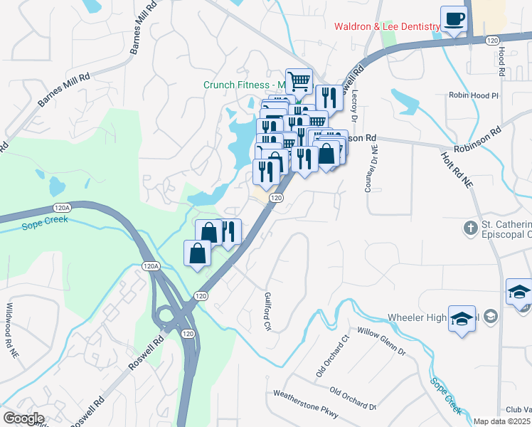 map of restaurants, bars, coffee shops, grocery stores, and more near 2085 Roswell Road in Marietta