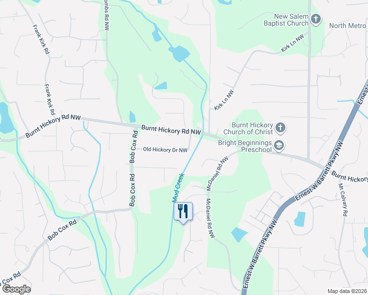 map of restaurants, bars, coffee shops, grocery stores, and more near 2621 Burnt Hickory Road Northwest in Marietta