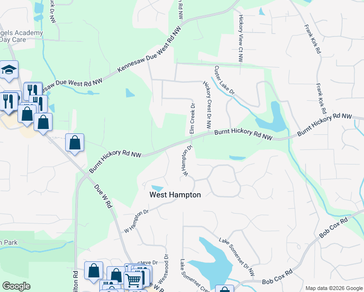 map of restaurants, bars, coffee shops, grocery stores, and more near 3450 Burnt Hickory Road Northwest in Marietta