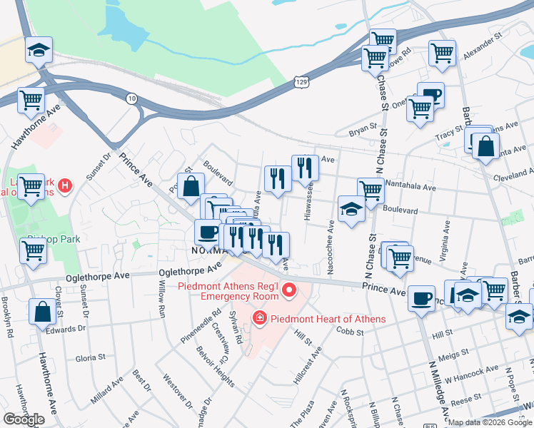 map of restaurants, bars, coffee shops, grocery stores, and more near 350 Satula Avenue in Athens