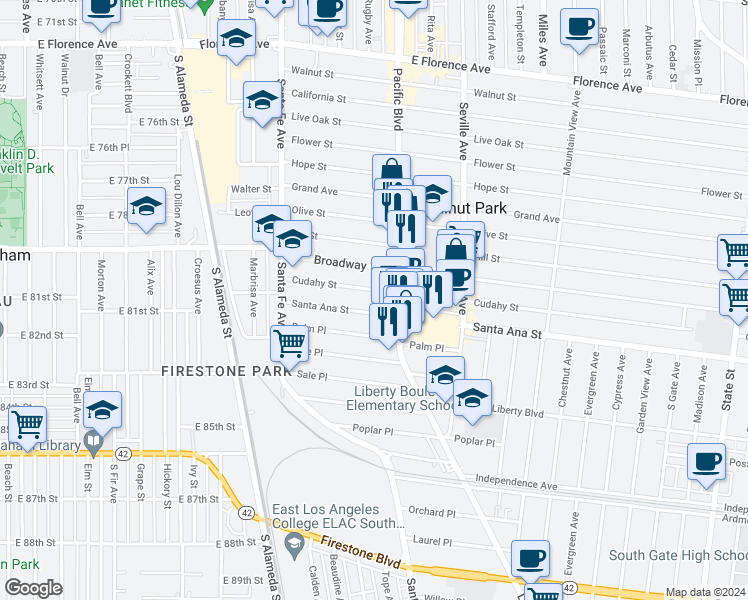 map of restaurants, bars, coffee shops, grocery stores, and more near 2538 Cudahy Street in Huntington Park