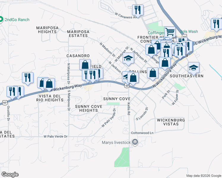map of restaurants, bars, coffee shops, grocery stores, and more near 579 West Wickenburg Way in Wickenburg