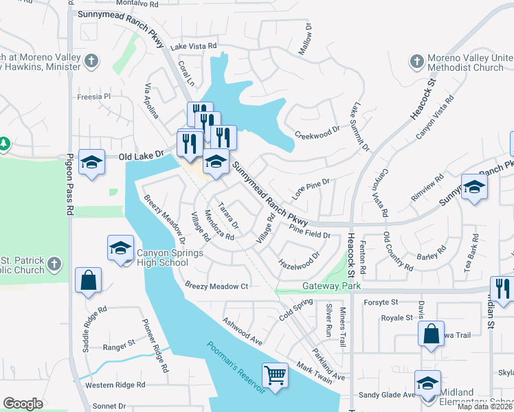 map of restaurants, bars, coffee shops, grocery stores, and more near 23633 Tonada Lane in Moreno Valley