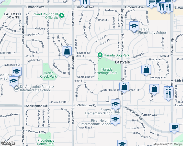 map of restaurants, bars, coffee shops, grocery stores, and more near 6725 Fleuve Drive in Corona