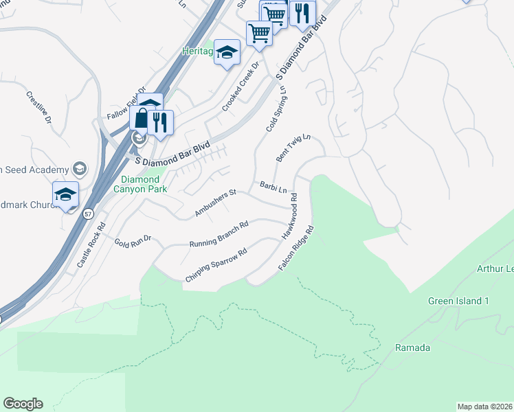 map of restaurants, bars, coffee shops, grocery stores, and more near 21533 Ambushers Street in Diamond Bar