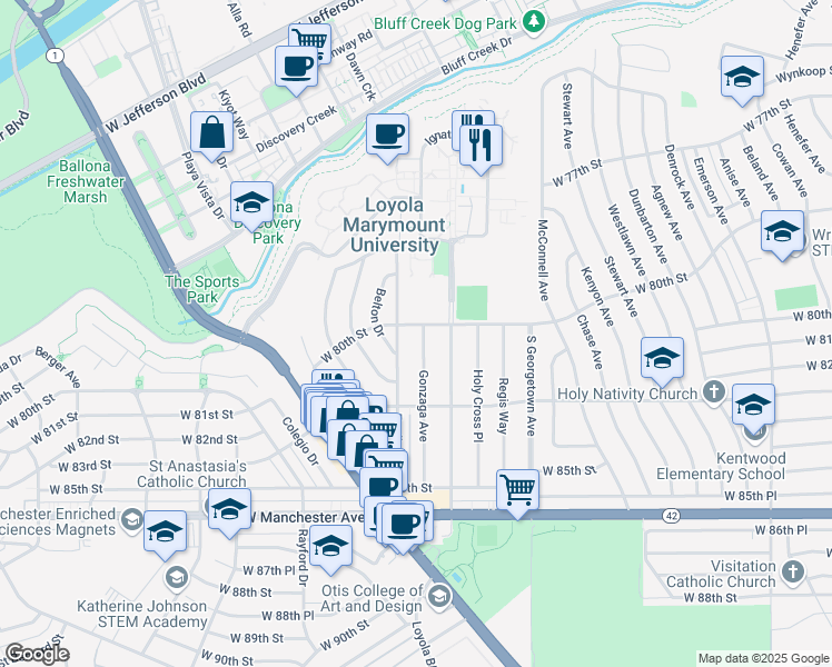 map of restaurants, bars, coffee shops, grocery stores, and more near 8005 Gonzaga Avenue in Los Angeles