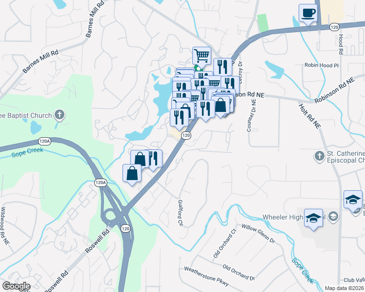map of restaurants, bars, coffee shops, grocery stores, and more near 2085 Roswell Road in Marietta