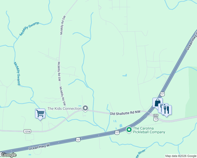 map of restaurants, bars, coffee shops, grocery stores, and more near 350 Tryon Rd NW in Shallotte