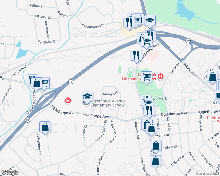 map of restaurants, bars, coffee shops, grocery stores, and more near 356 Knottingham Drive in Athens