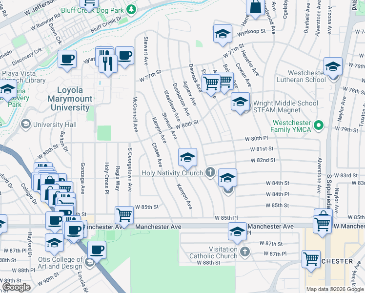 map of restaurants, bars, coffee shops, grocery stores, and more near 8048 Stewart Avenue in Los Angeles
