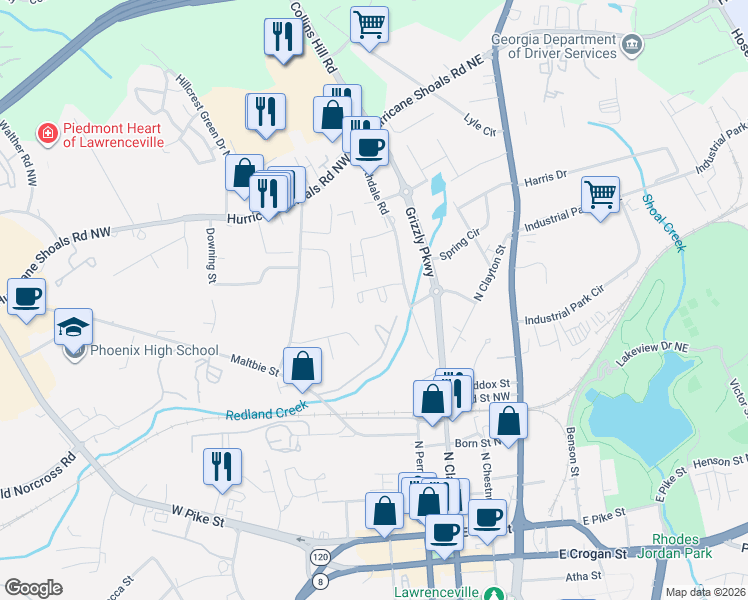map of restaurants, bars, coffee shops, grocery stores, and more near 131 Northdale Place in Lawrenceville