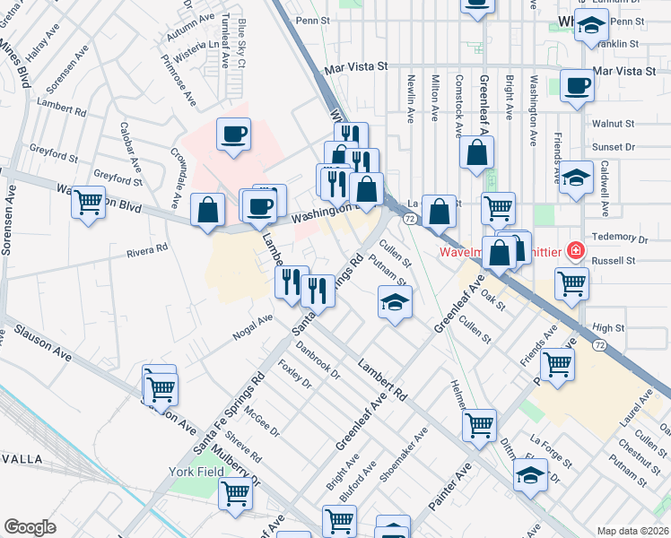 map of restaurants, bars, coffee shops, grocery stores, and more near 8303 Santa Fe Springs Road in Whittier