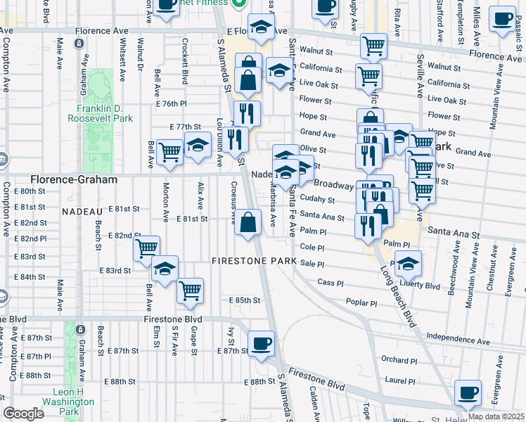 map of restaurants, bars, coffee shops, grocery stores, and more near 7943 Marbrisa Avenue in Huntington Park