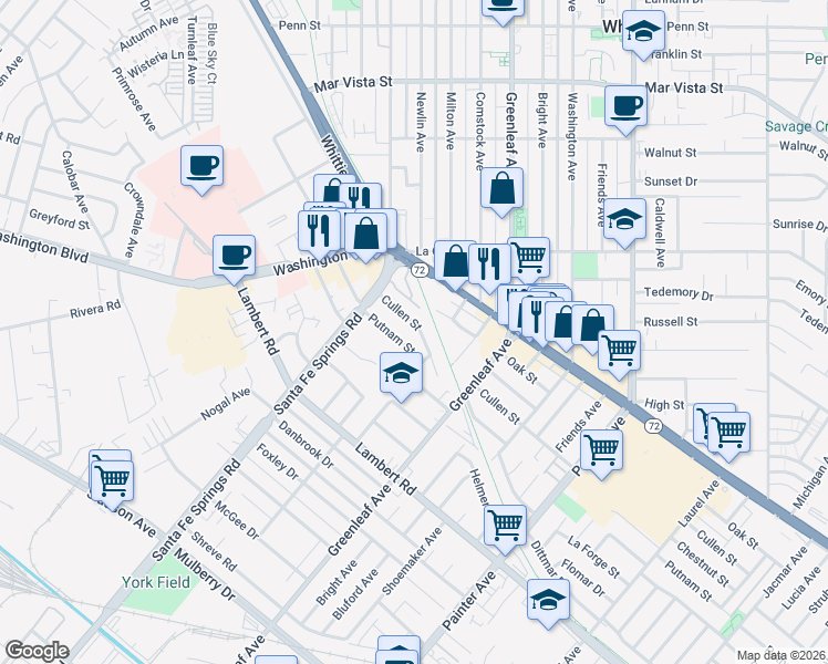 map of restaurants, bars, coffee shops, grocery stores, and more near 12717 Cullen Street in Whittier