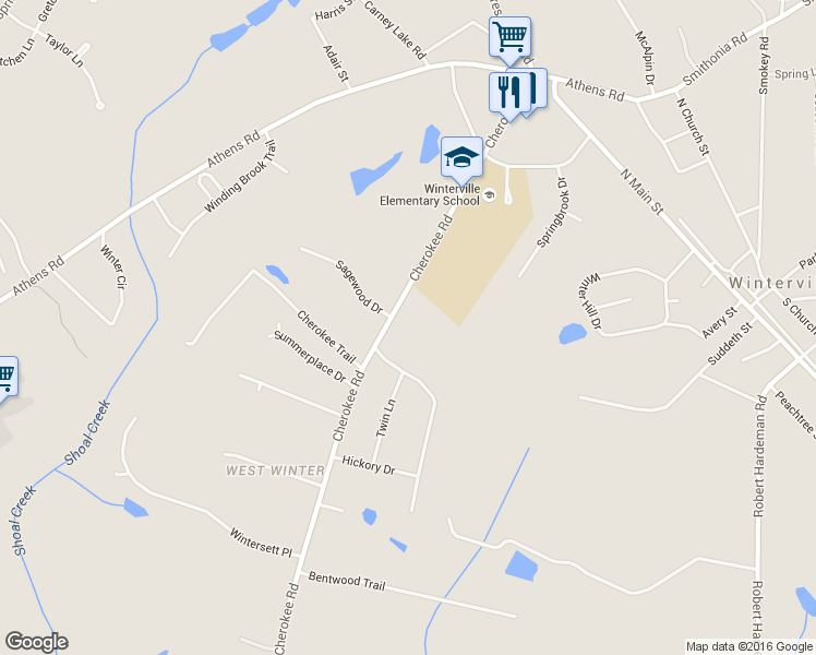 map of restaurants, bars, coffee shops, grocery stores, and more near 507 Cherokee Road in Winterville