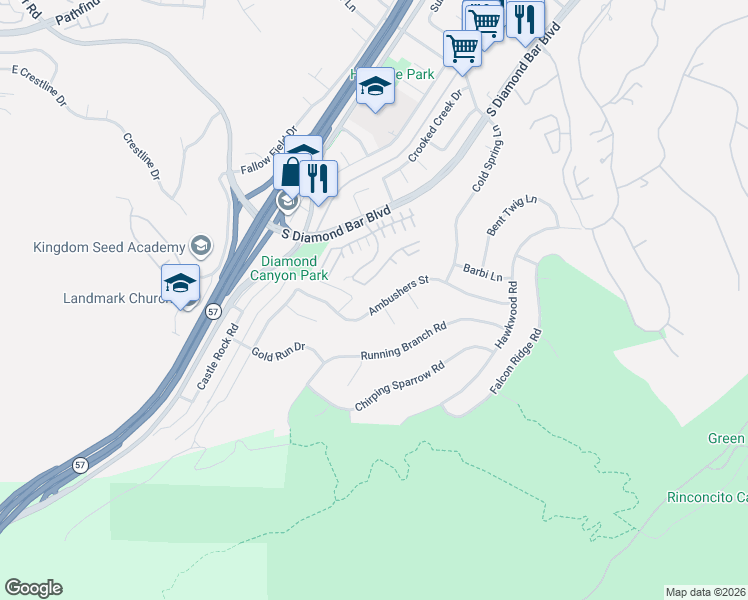 map of restaurants, bars, coffee shops, grocery stores, and more near 21187 Ambushers Street in Diamond Bar