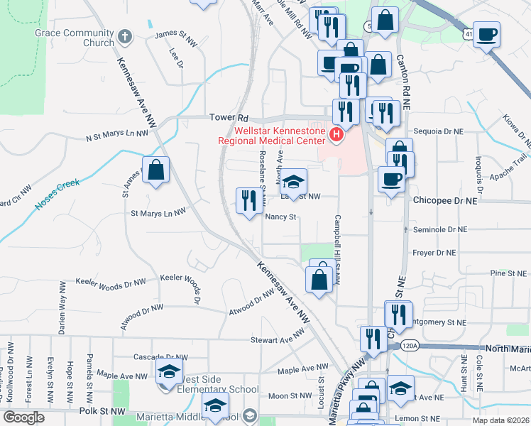 map of restaurants, bars, coffee shops, grocery stores, and more near 598 Nancy Street in Marietta