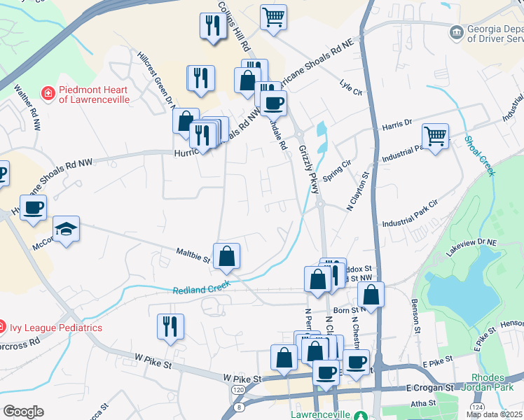 map of restaurants, bars, coffee shops, grocery stores, and more near 187 Northdale Place in Lawrenceville