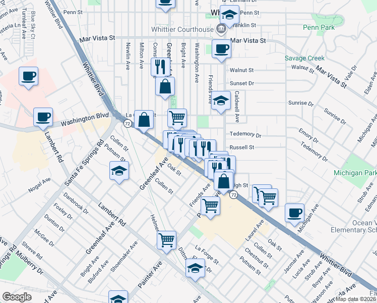 map of restaurants, bars, coffee shops, grocery stores, and more near 8146 Bright Avenue in Whittier