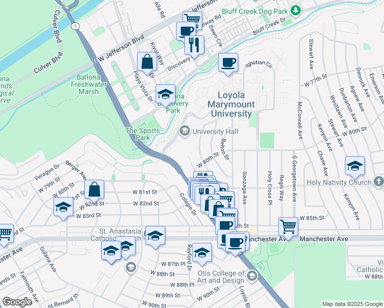 map of restaurants, bars, coffee shops, grocery stores, and more near 7914 Campion Drive in Los Angeles