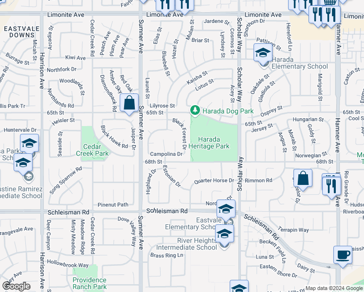 map of restaurants, bars, coffee shops, grocery stores, and more near 6763 Black Forest Drive in Corona