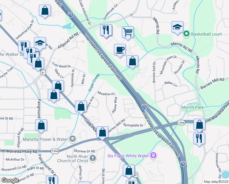 map of restaurants, bars, coffee shops, grocery stores, and more near 879 Meadow Place in Marietta